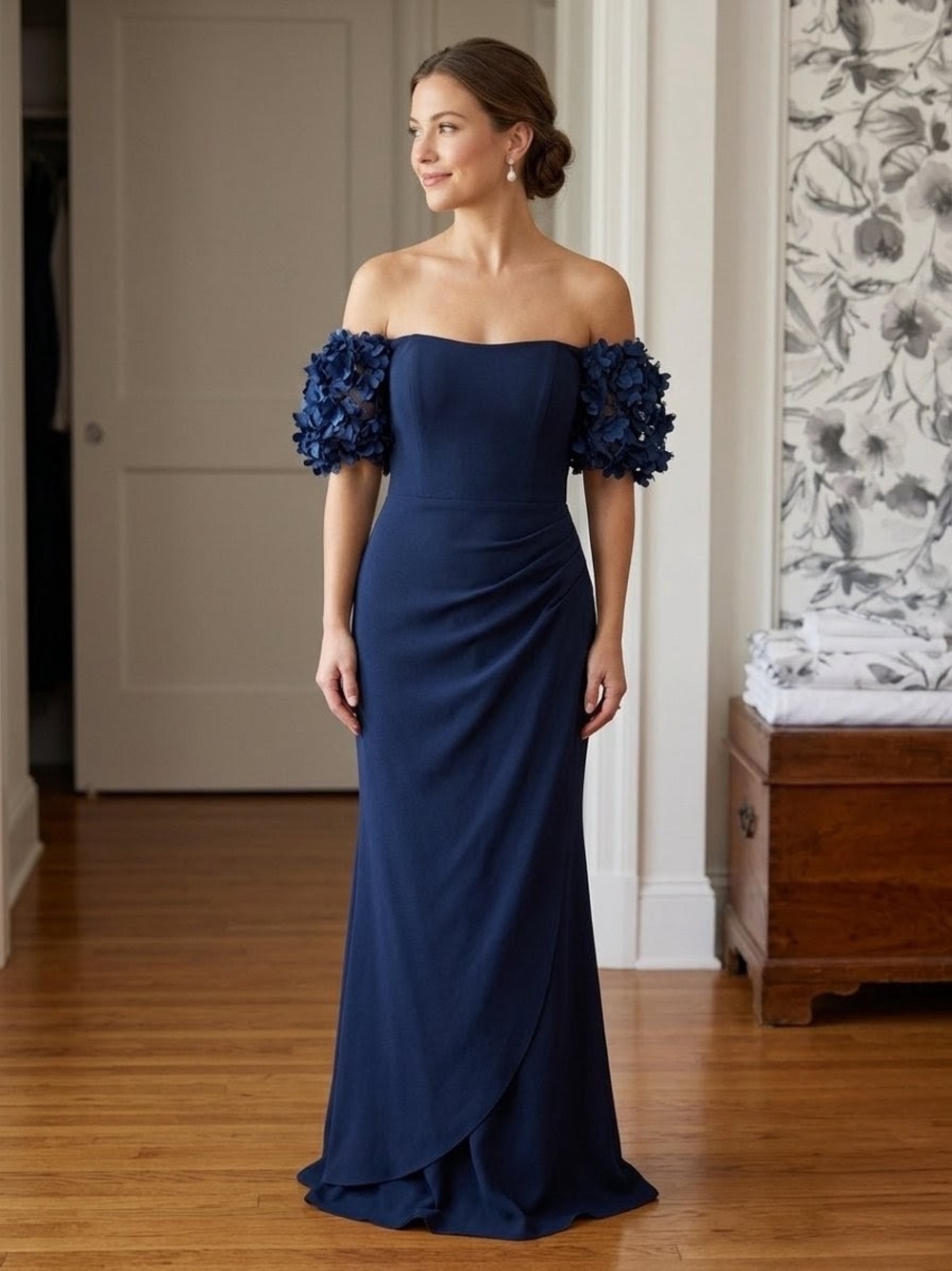 Xscape Navy Strapless Gown with 3D Floral Puff Sleeves